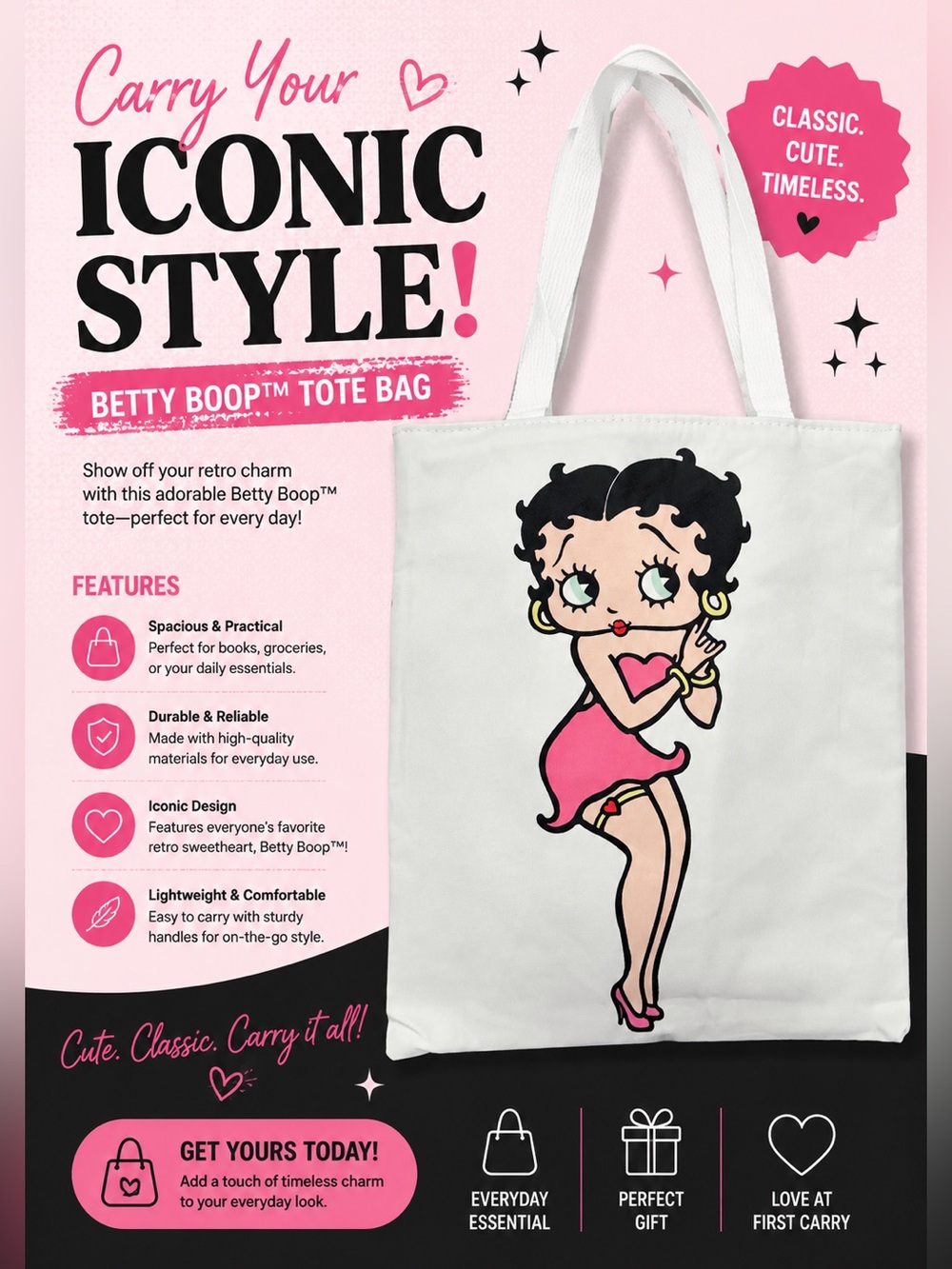 Betty Boop White Tote with Pink Graphic
